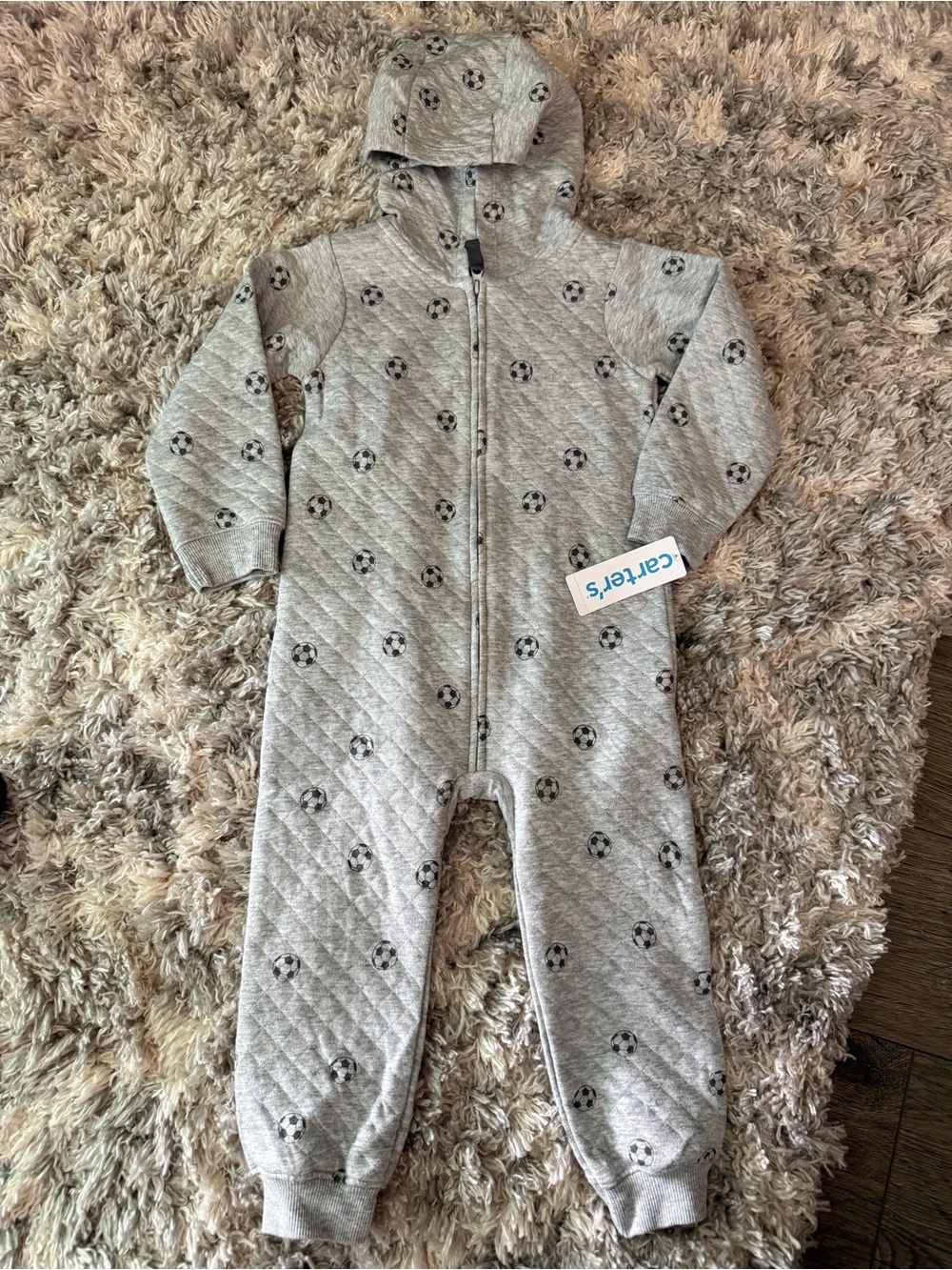 Carter's Grey Quilted Soccer-Print Hooded One-Piece NWT